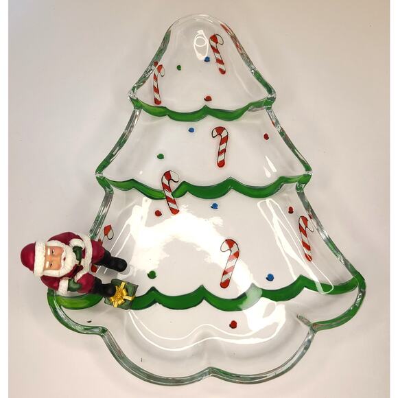 Gorham Winter Follies Candy Dish Christmas Tree Santa Glass Hand Painted - Picture 2 of 9